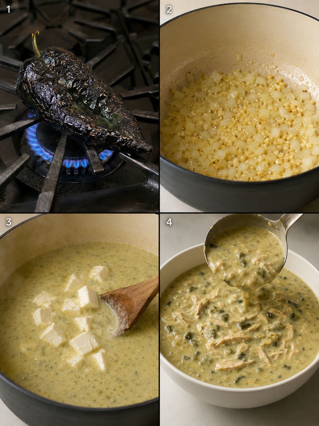 Four cooking steps for poblano chicken soup: charring pepper, sautéing aromatics, melting cream cheese, ladling into bowl
