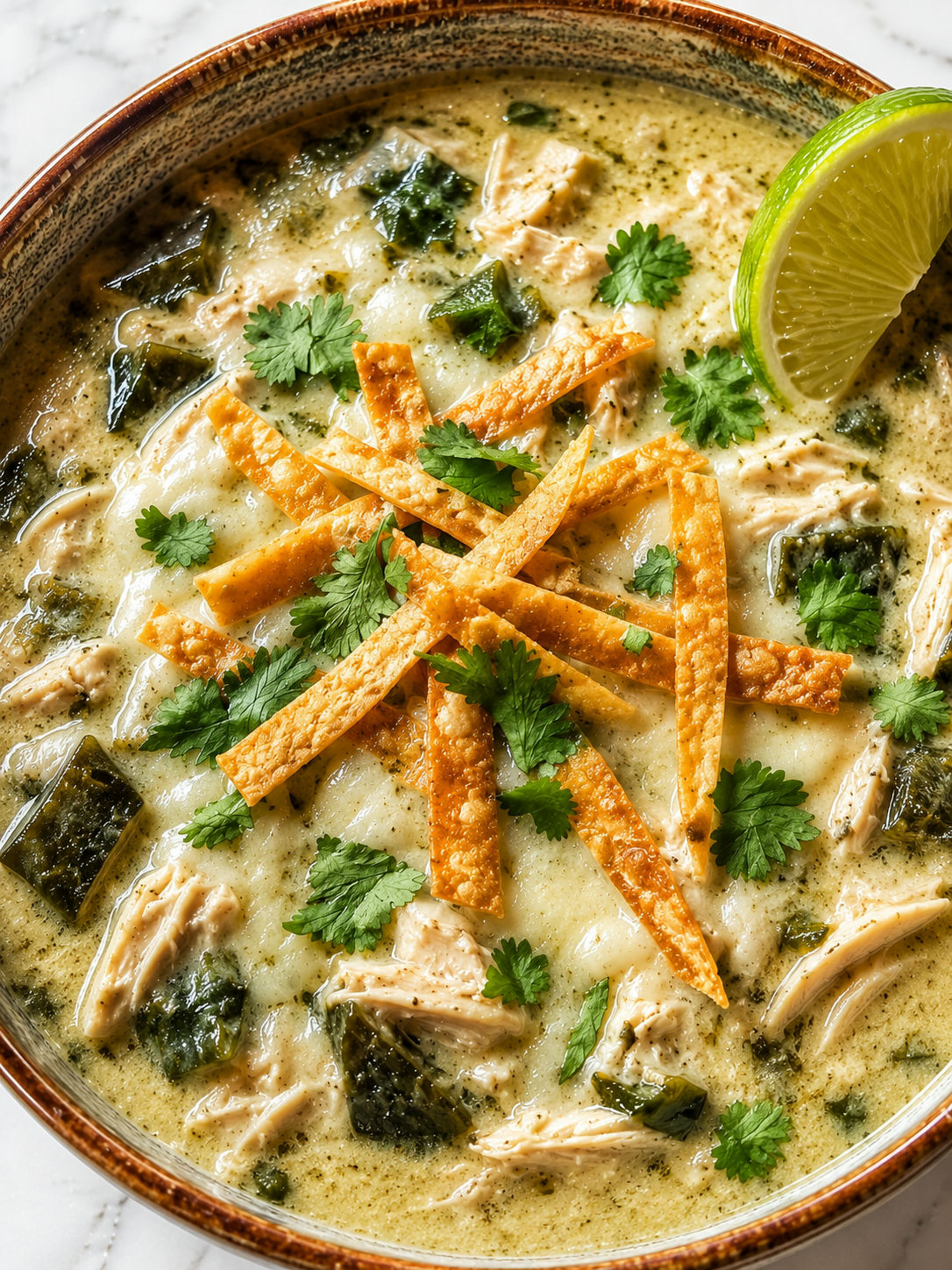 Overhead creamy poblano chicken rellenos soup with melted cheese, cilantro, and tortilla strips