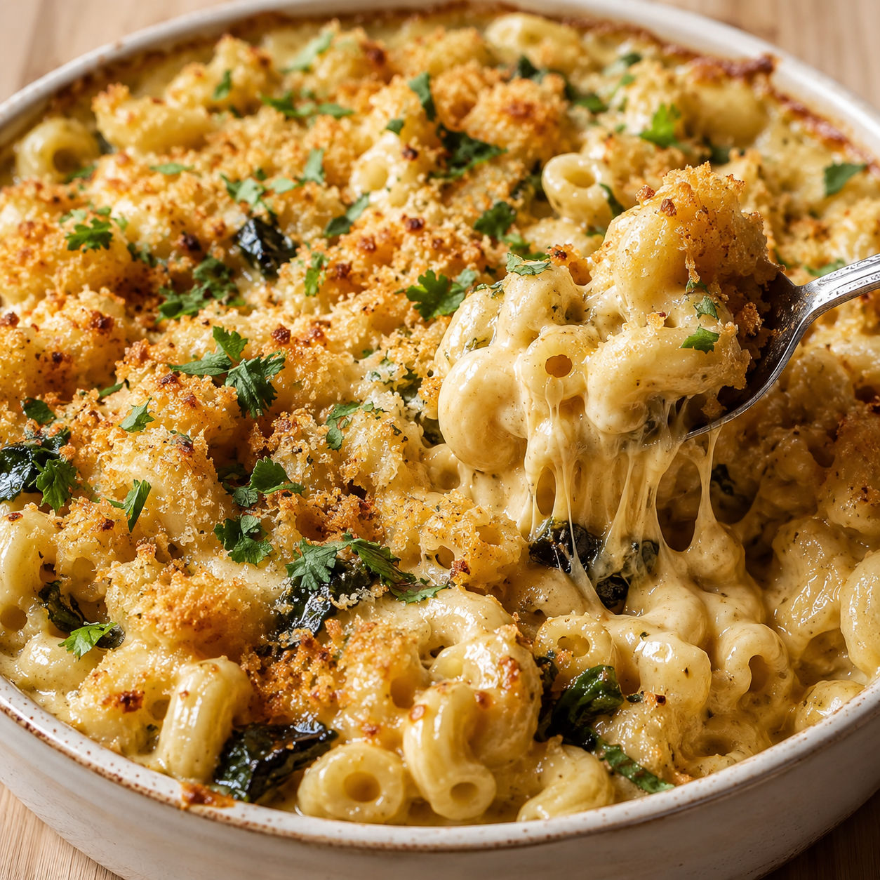 Creamy poblano smoked gouda mac and cheese with golden panko and cilantro