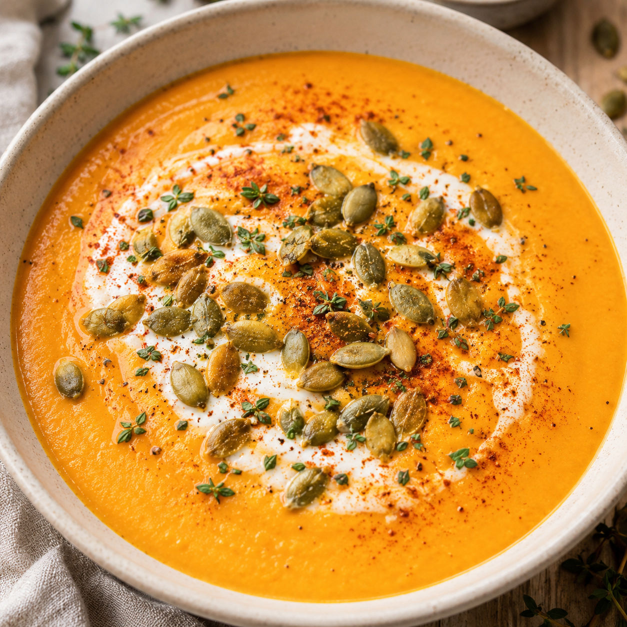 Creamy pumpkin soup with smoked paprika, pepitas, thyme, and cream