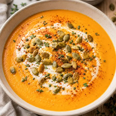 Creamy pumpkin soup with smoked paprika, pepitas, thyme, and cream