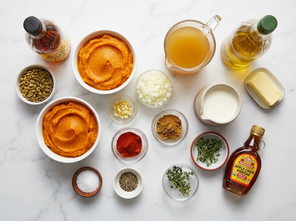 Ingredients for creamy pumpkin soup with smoked paprika on a wood surface