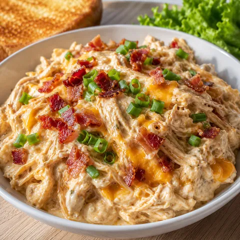 Creamy ranch crack chicken with bacon, cheddar, and green onions in a bowl