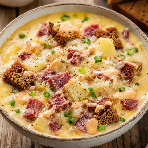 Creamy Reuben soup with corned beef, sauerkraut, Swiss cheese, and rye croutons