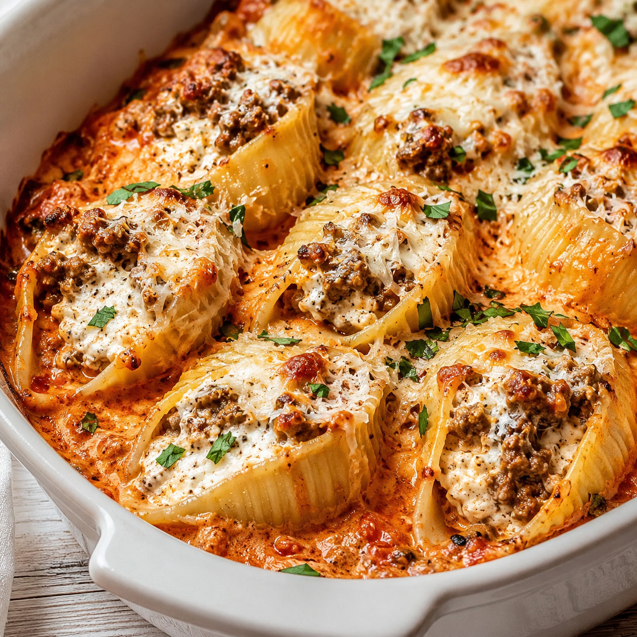 Creamy ricotta beef stuffed shells with melted mozzarella and parsley