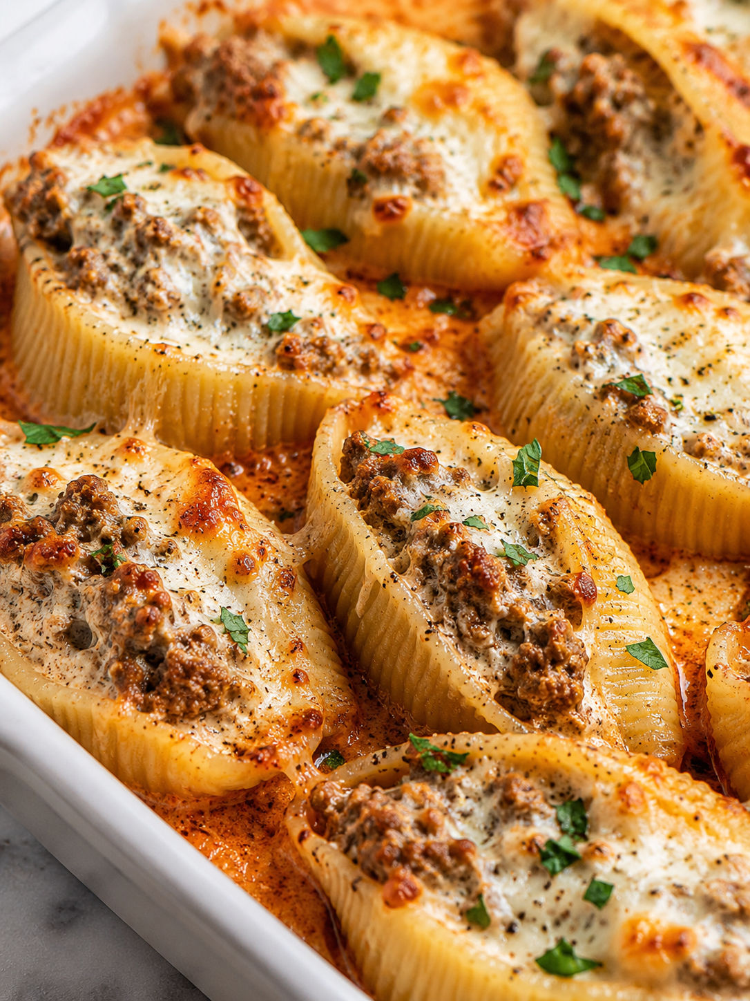 Creamy Ricotta Beef Stuffed Shells Pasta, plated and served