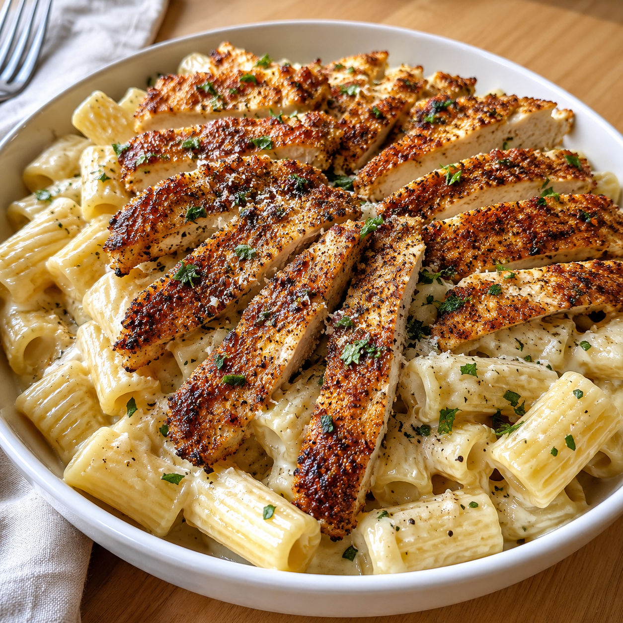 Creamy rigatoni Alfredo topped with Cajun chicken strips and parsley