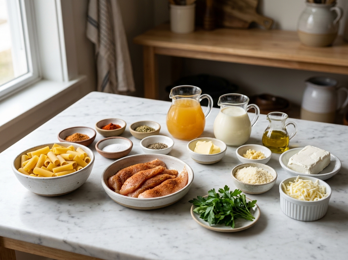 Ingredients for Cajun chicken rigatoni Alfredo on a wooden surface