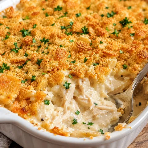 Creamy Ritz cracker chicken casserole with golden topping and parsley