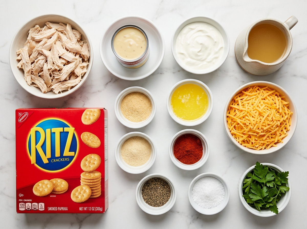 Ingredients for creamy Ritz cracker chicken arranged on a wooden surface