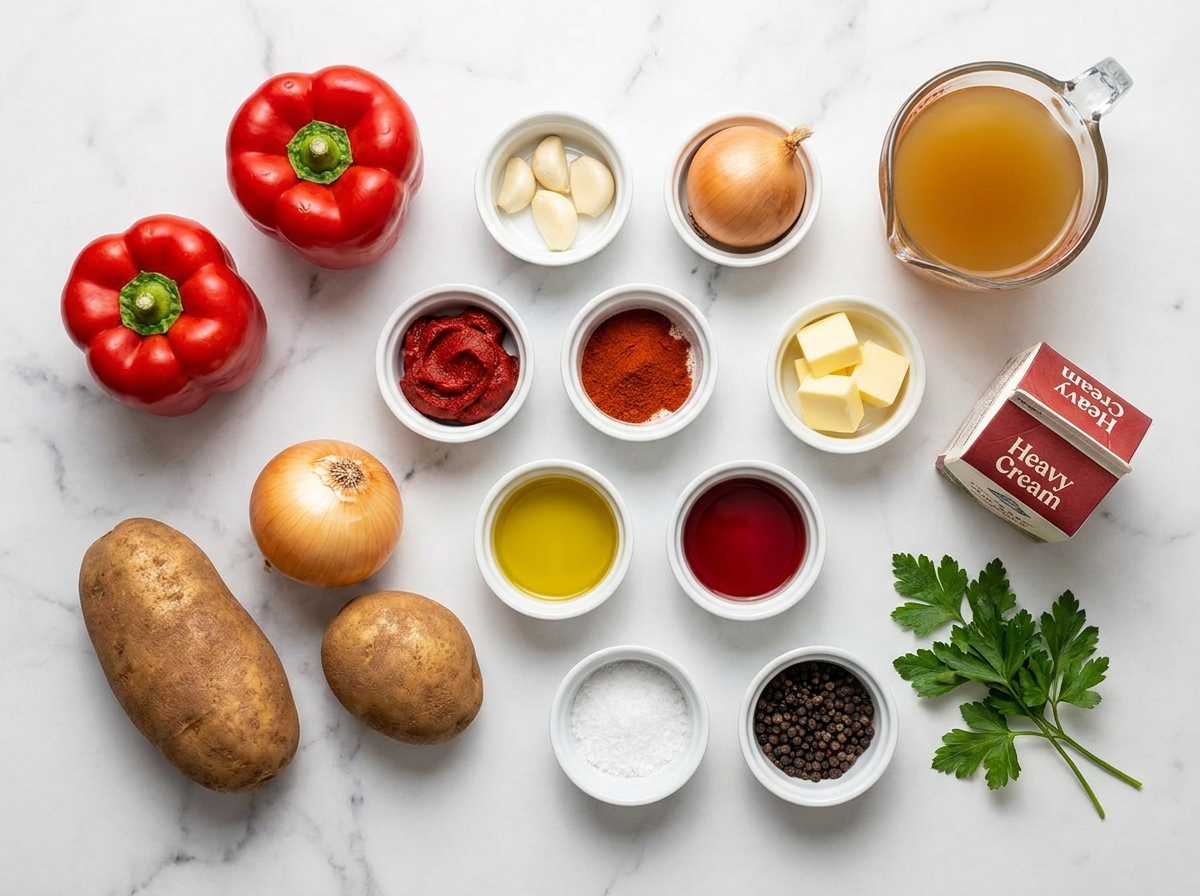 Ingredients for roasted red pepper potato soup on a wooden surface