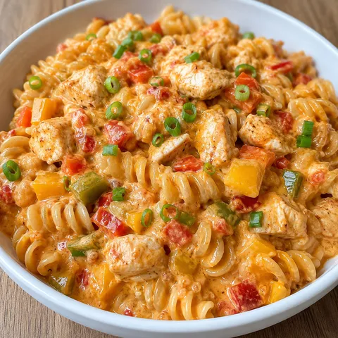 Creamy Rotel chicken pasta with peppers and melted cheese