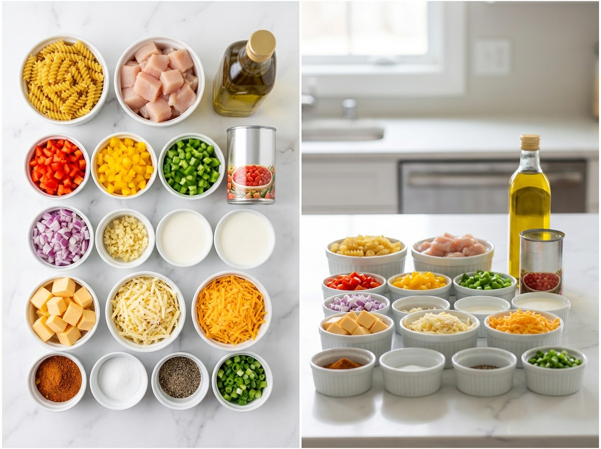 Ingredients for Rotel chicken pasta with peppers and cheeses