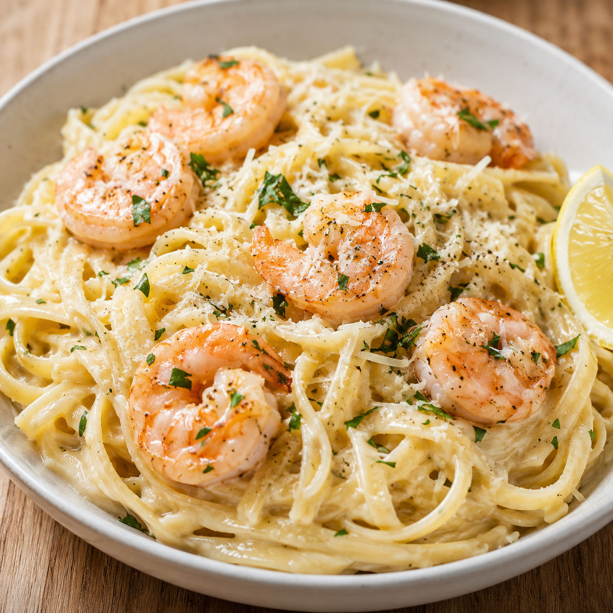 Creamy shrimp Alfredo pasta with Parmesan, garlic, parsley, and lemon