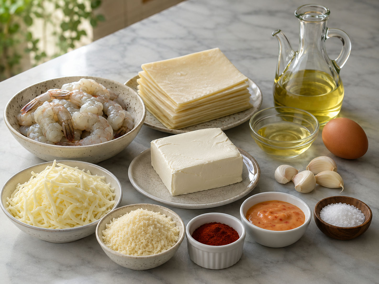 Ingredients for Creamy Shrimp Cheese Rolls laid out