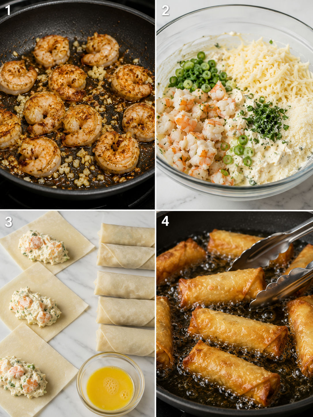 Four cooking steps for creamy shrimp cheese rolls from filling to frying