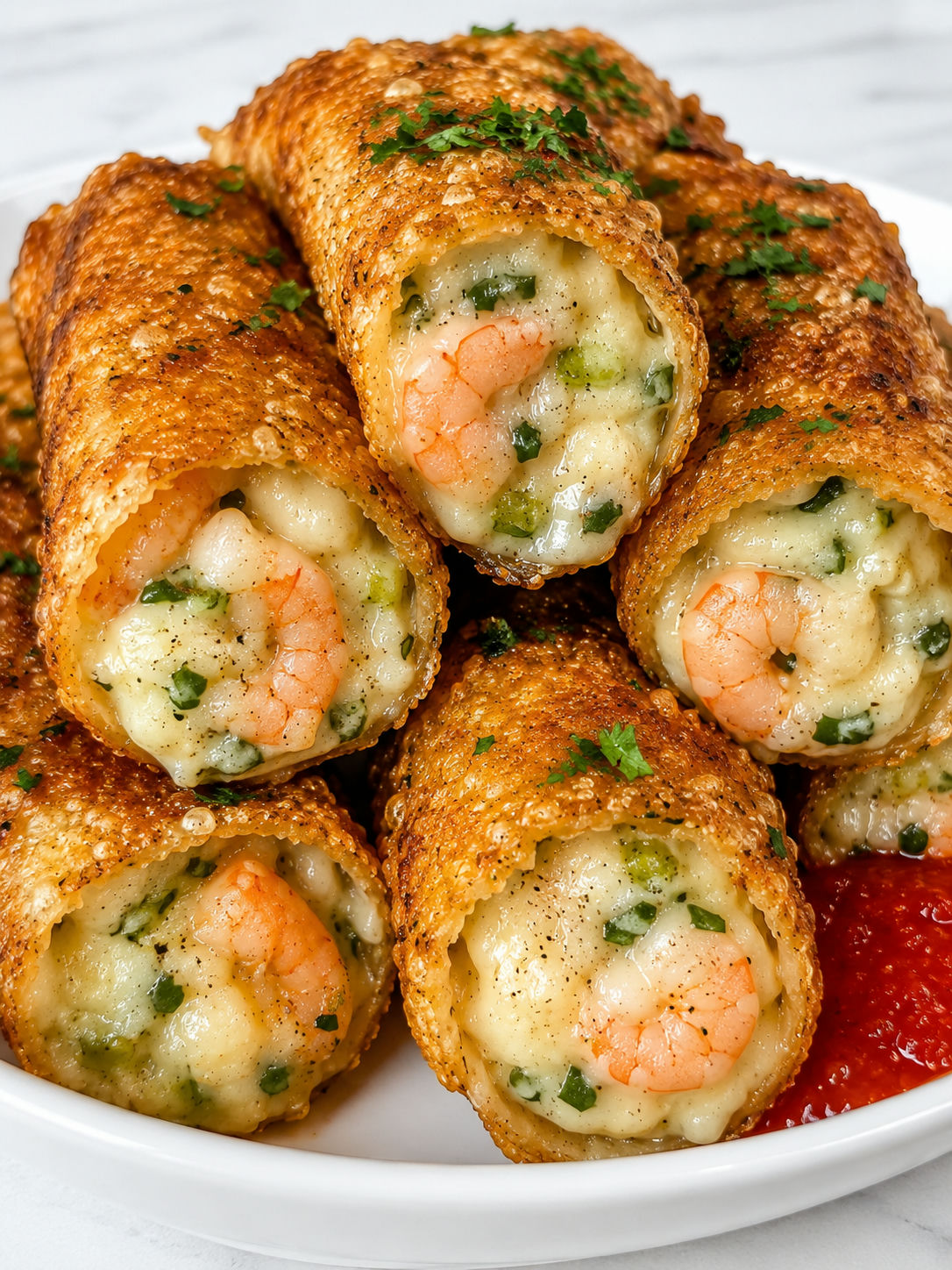 Golden creamy shrimp cheese rolls cut open with herbs and dipping sauce