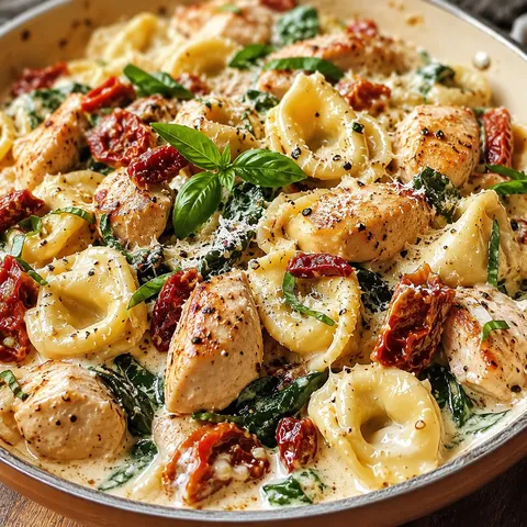 Creamy chicken tortellini with sun-dried tomatoes and spinach