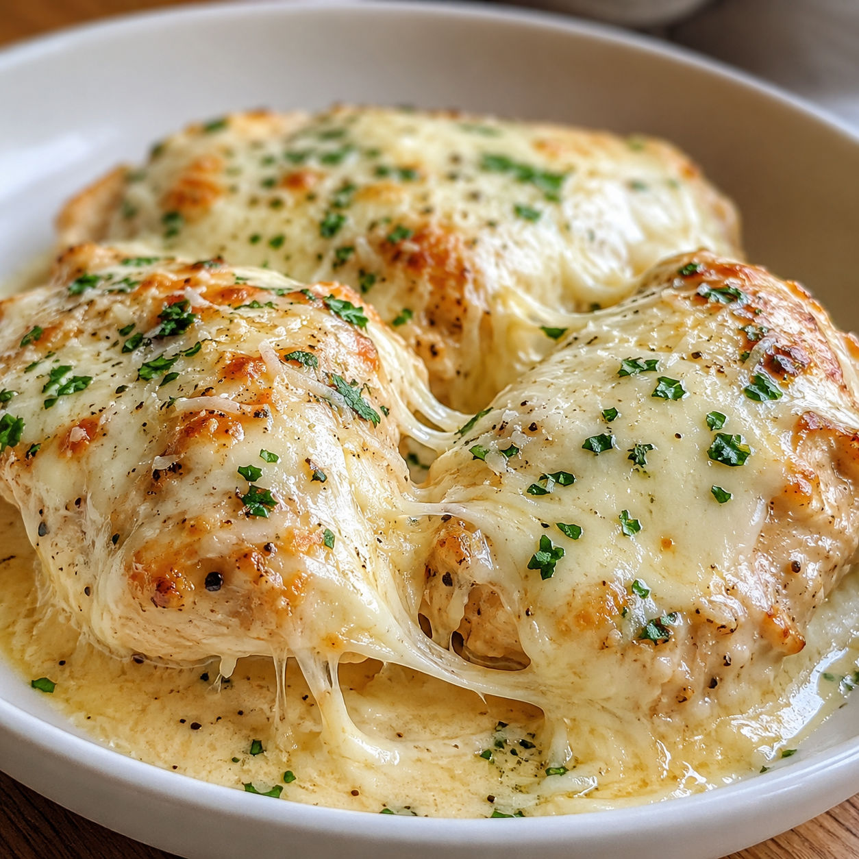 Creamy mozzarella chicken with melted cheese and parsley in a white bowl