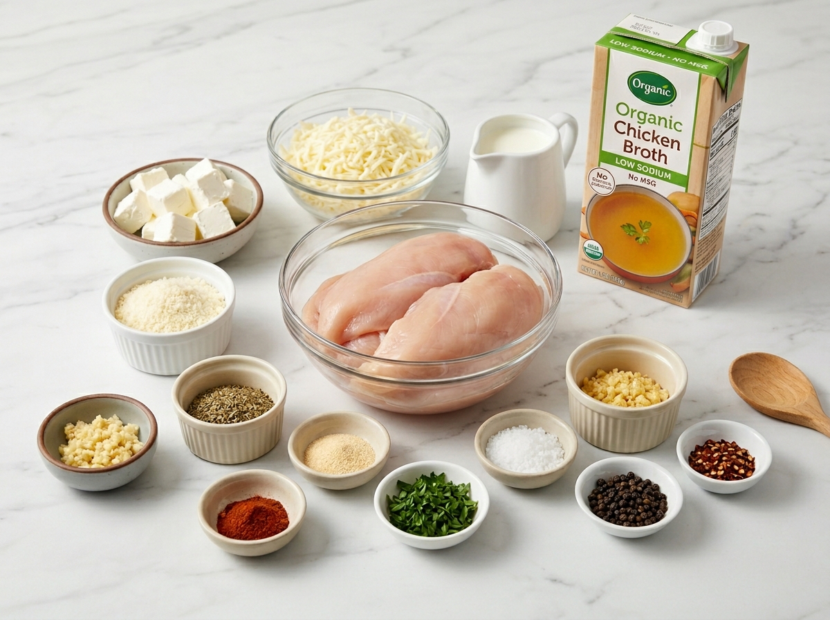 Ingredients for creamy mozzarella chicken with cheeses, chicken, garlic, and herbs