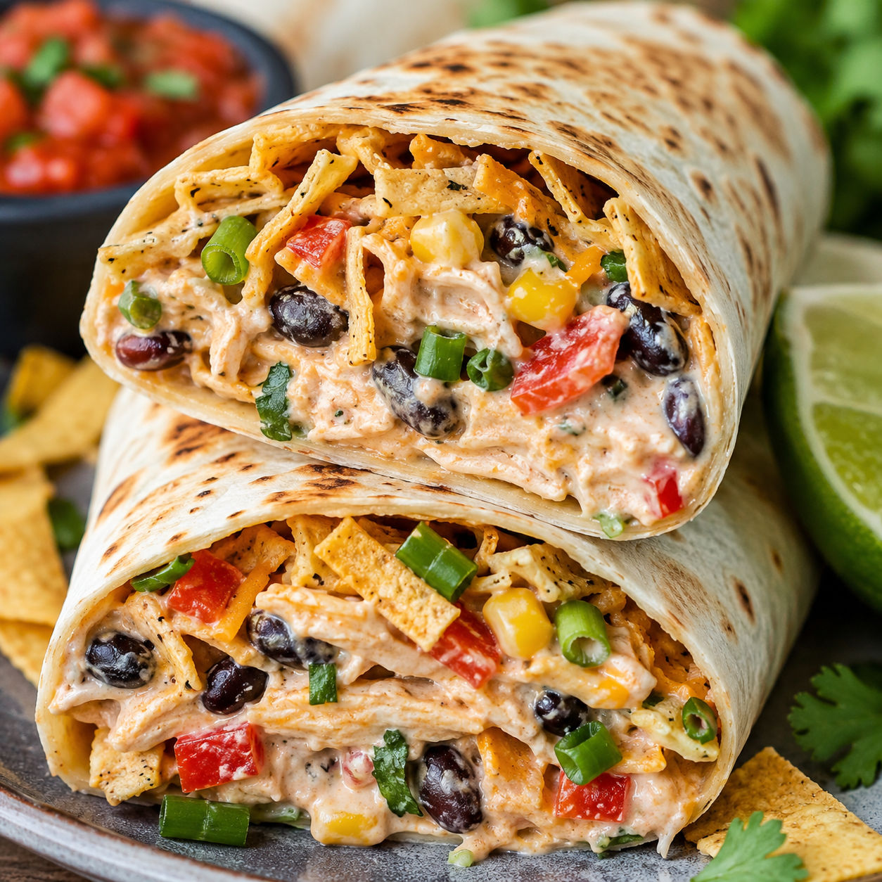 Creamy Southwest chicken wraps with beans corn cheddar and cilantro