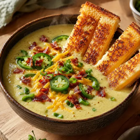 Creamy jalapeño cheese soup with bacon and grilled cheese dippers