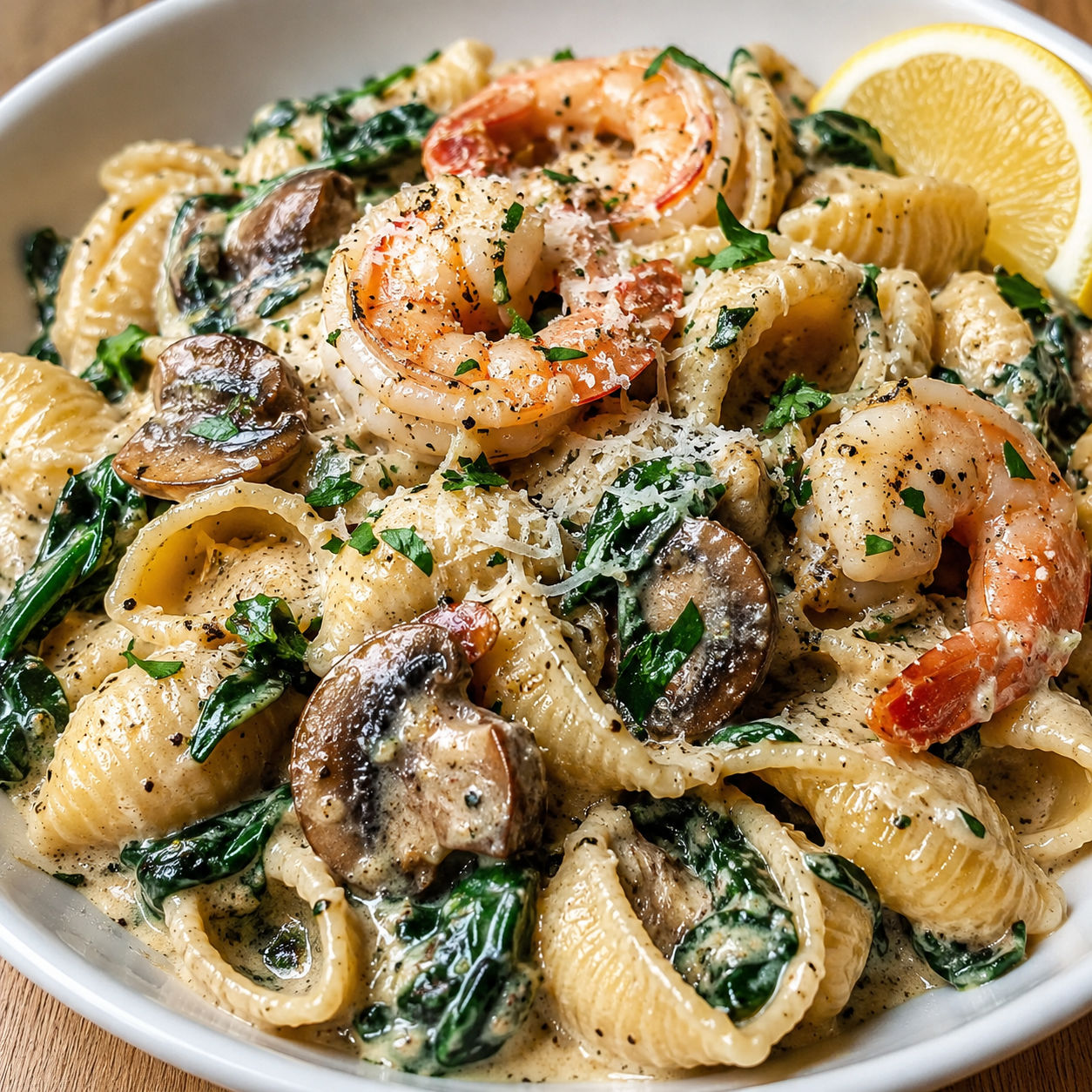 Creamy spinach mushroom shrimp shells with parsley in a white bowl
