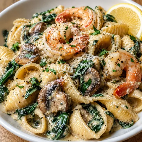 Creamy spinach mushroom shrimp shells with parsley in a white bowl