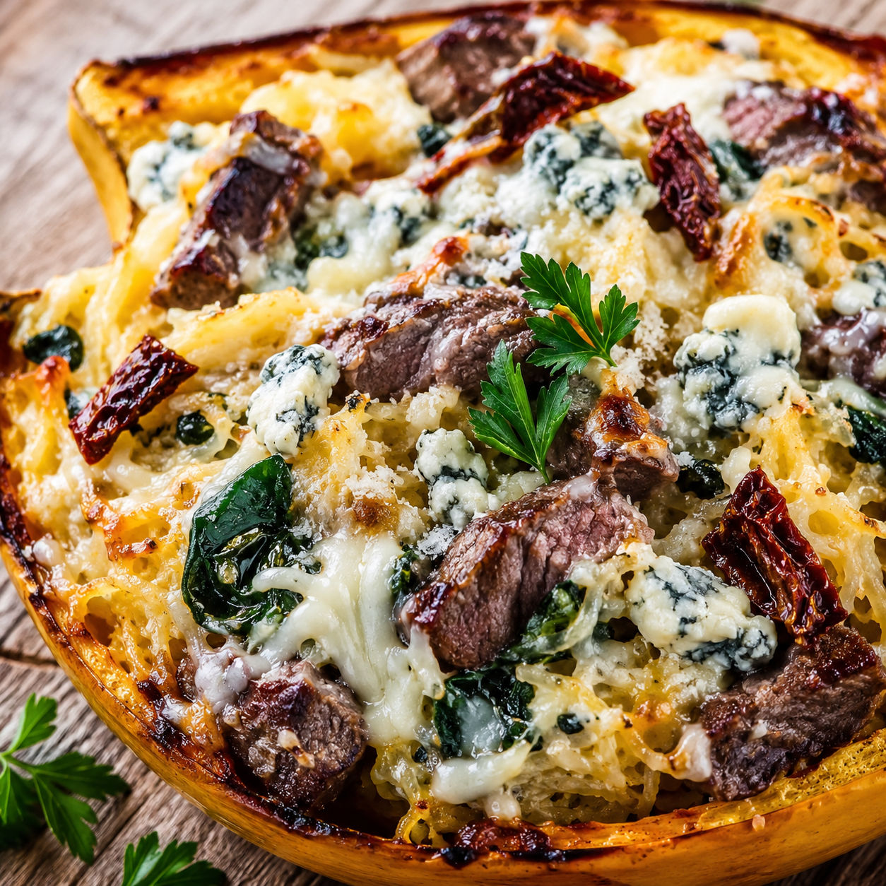 Steak Gorgonzola spaghetti squash boats with spinach and cream sauce