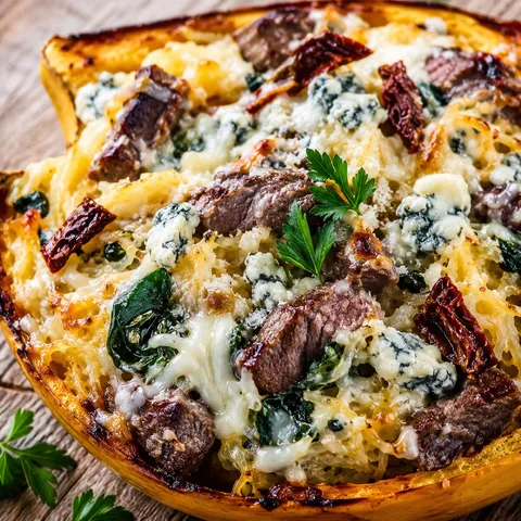 Steak Gorgonzola spaghetti squash boats with spinach and cream sauce