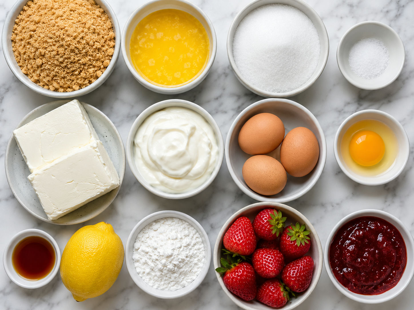 Ingredients for creamy strawberry cheesecake with cream cheese and berries
