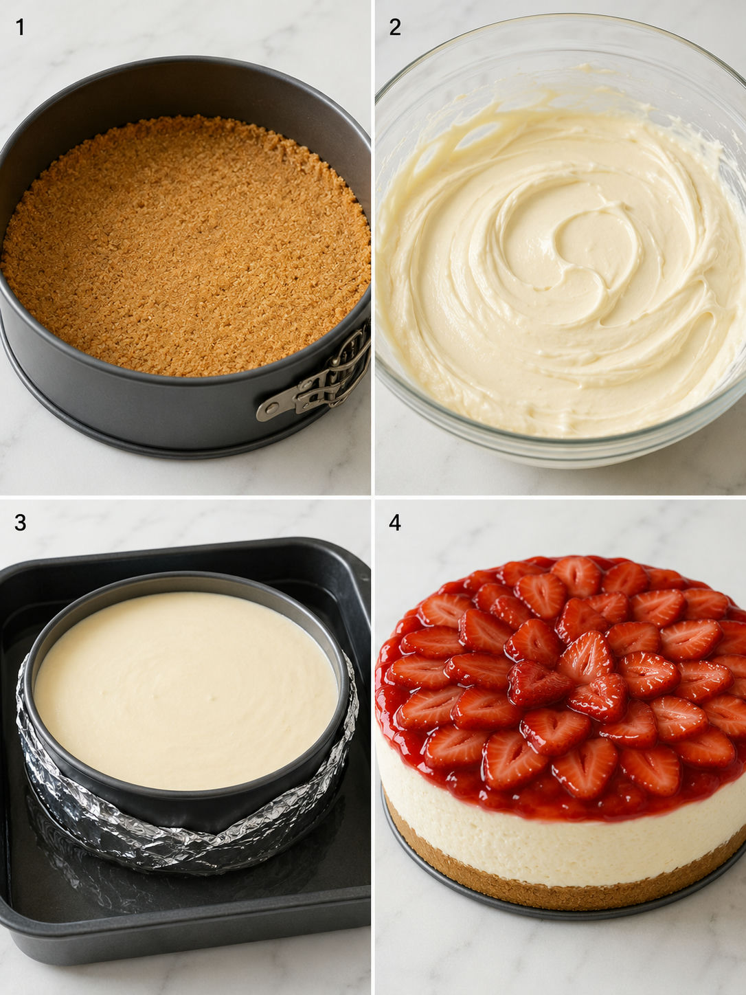 Four steps for making creamy strawberry cheesecake with berry topping
