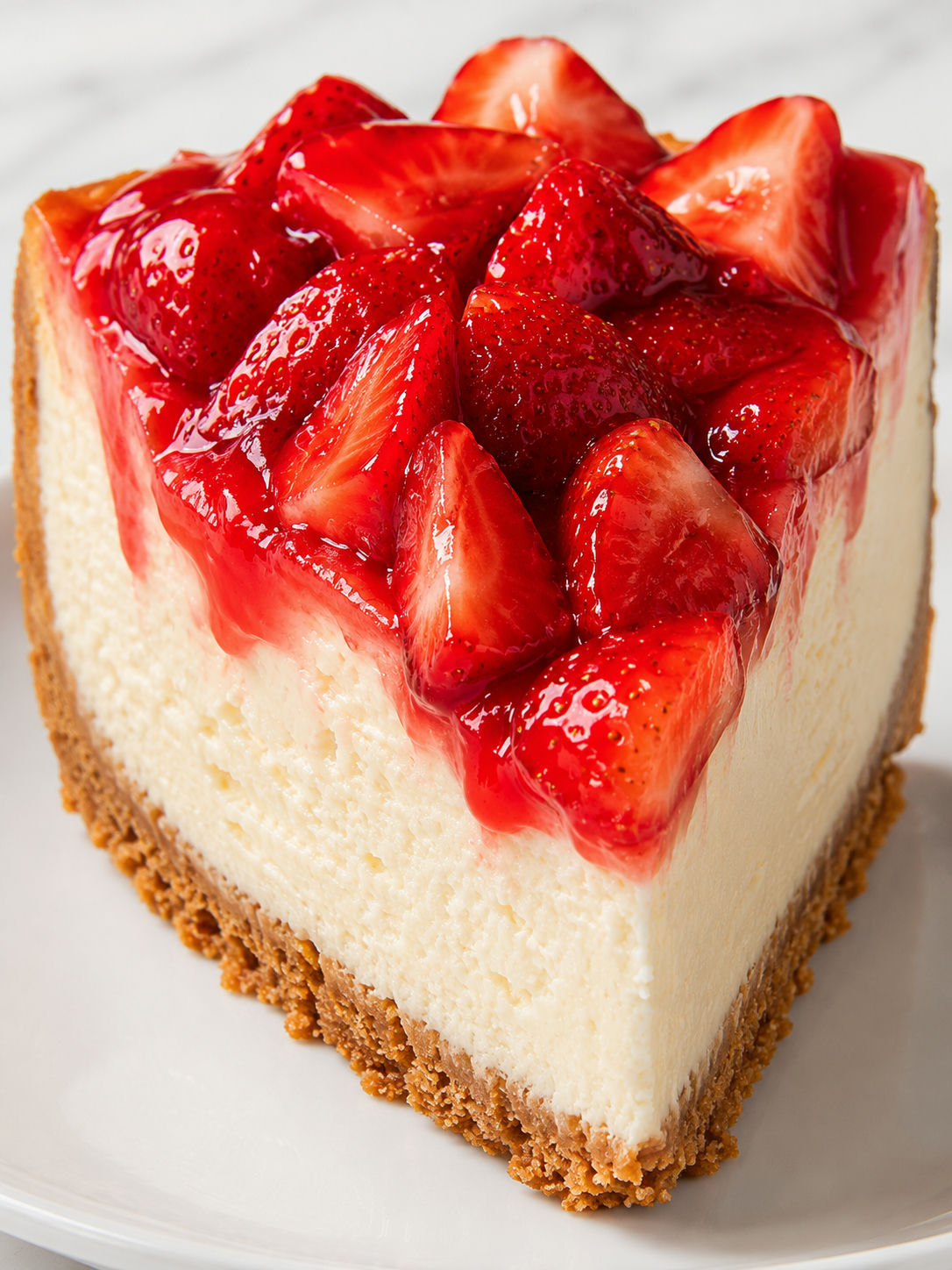 Creamy strawberry cheesecake slice with glossy fresh strawberry topping