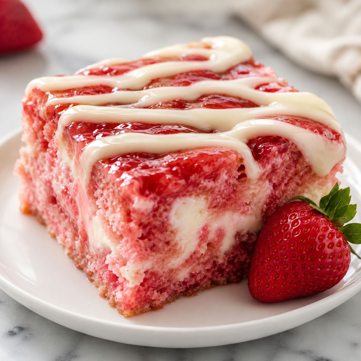 Strawberry swirl cake slice with cream cheese drizzle and glossy berry glaze