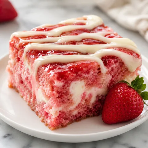 Strawberry swirl cake slice with cream cheese drizzle and glossy berry glaze
