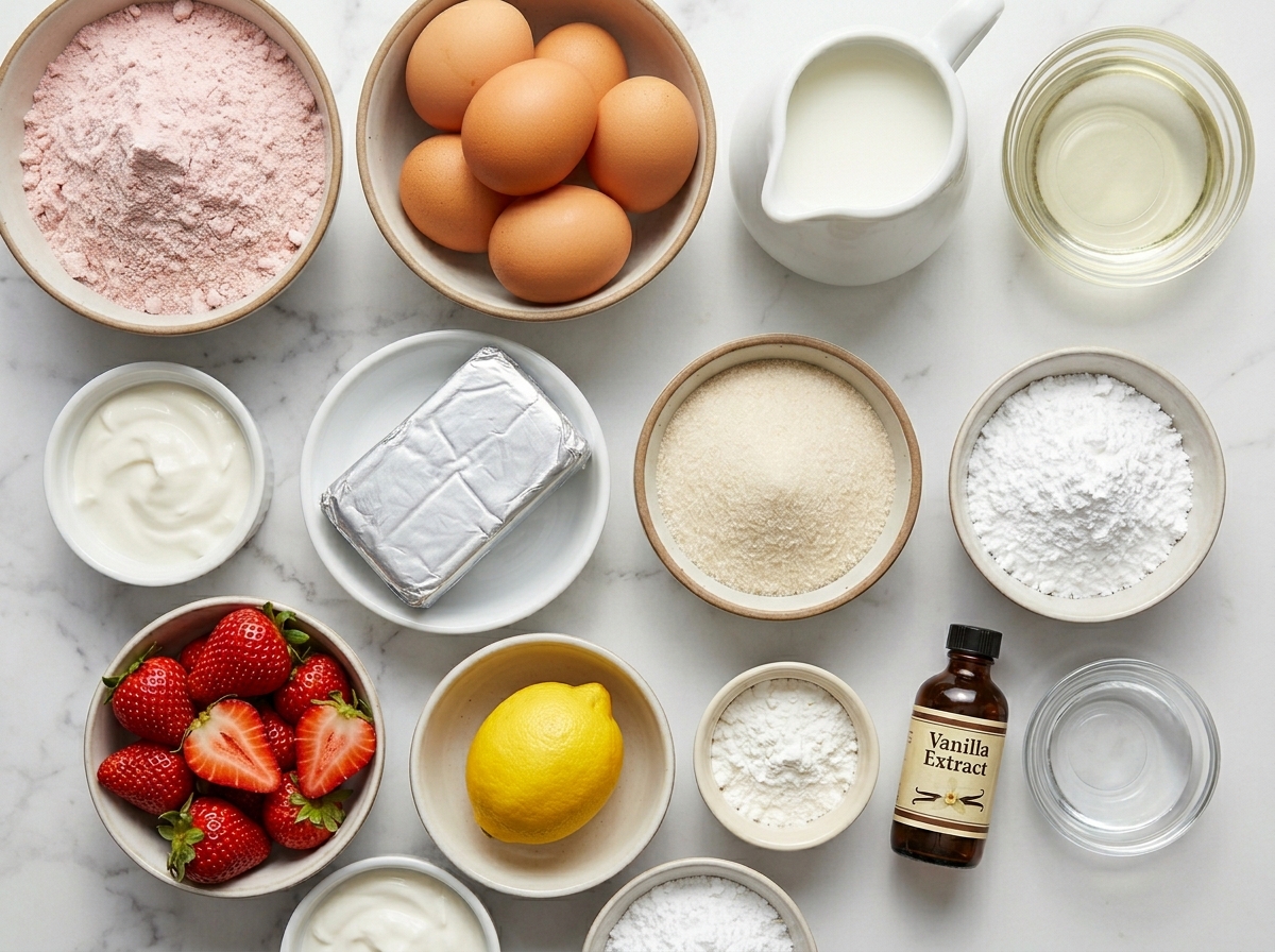 Ingredients for strawberry cream cheese swirl cake on a marble counter