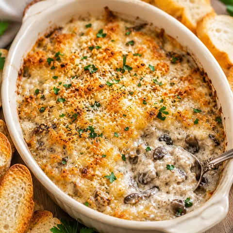 Creamy stuffed mushroom dip with golden topping and parsley