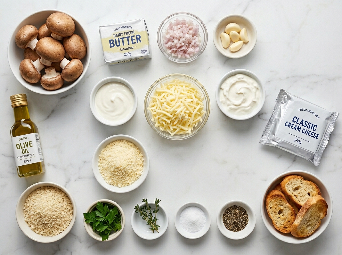 Ingredients for creamy stuffed mushroom dip on a wooden surface