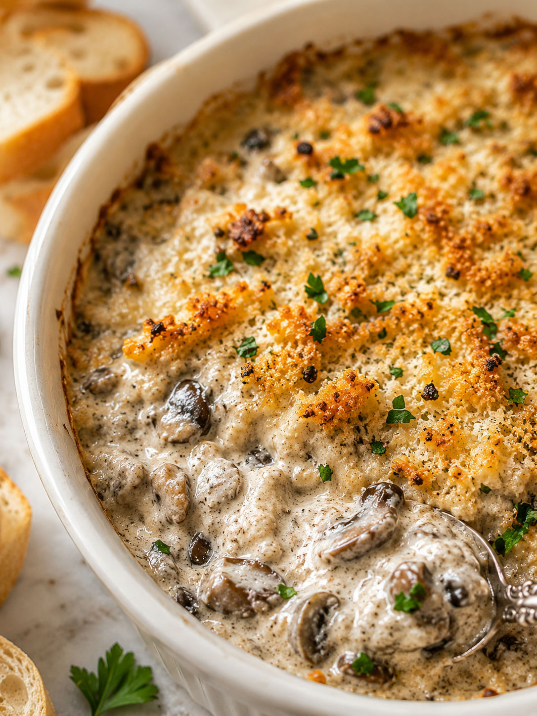 Creamy Stuffed Mushroom Dip, plated and served