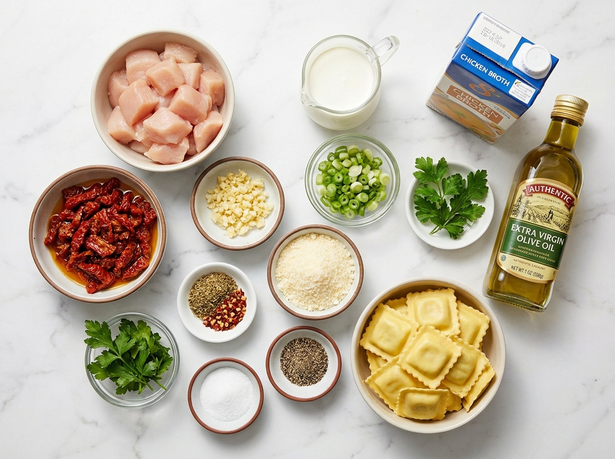 Ingredients for creamy sun-dried tomato chicken ravioli on a stone counter