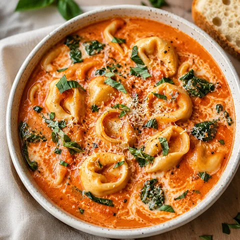 Creamy tomato tortellini soup with spinach, basil, and Parmesan