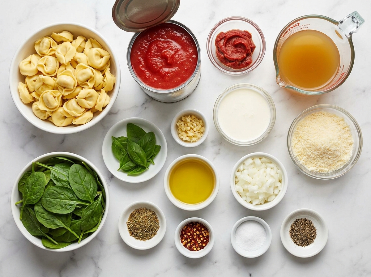 Ingredients for creamy tomato tortellini soup on a wooden surface