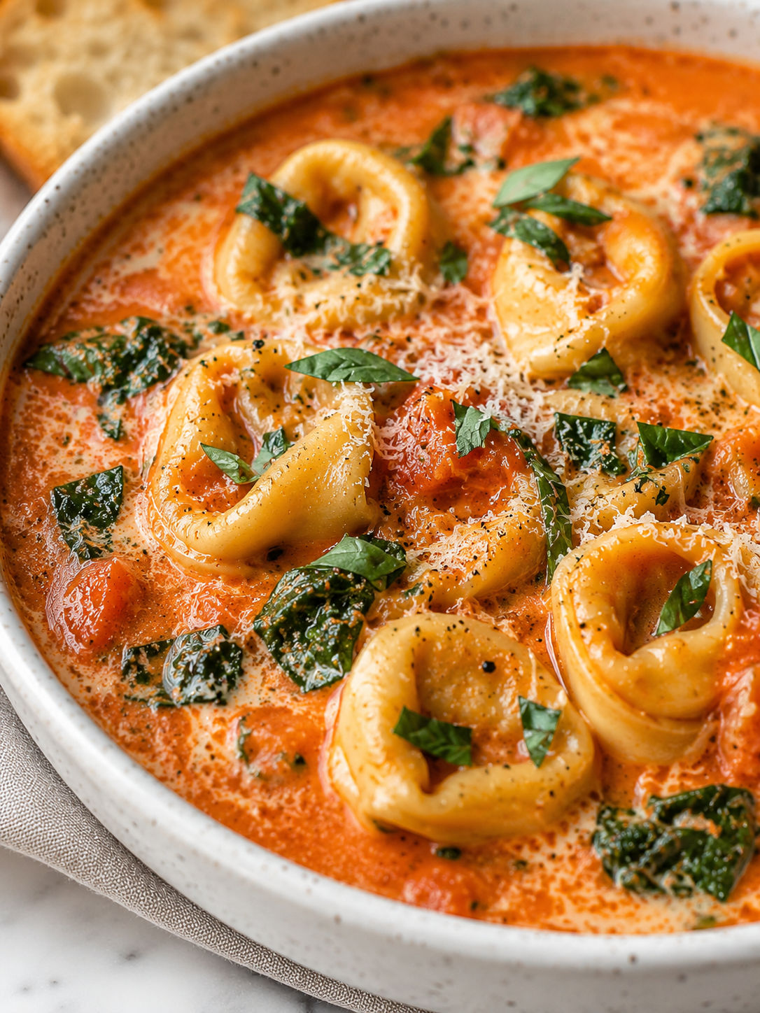 Creamy Tomato Tortellini Soup, plated and served