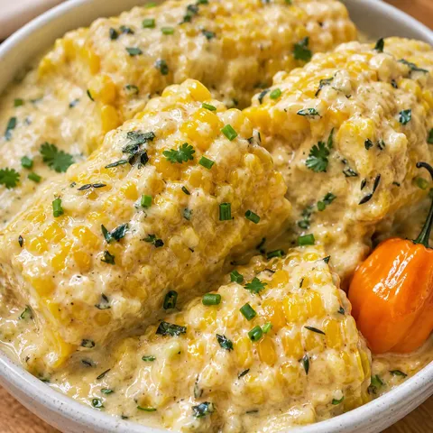 Trinidadian boiled corn in creamy coconut milk with herbs and habanero
