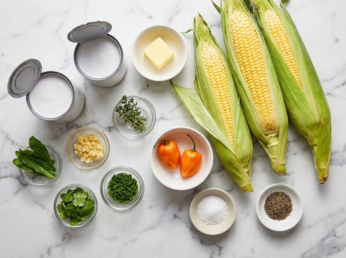 Fresh corn, coconut milk, herbs, garlic, butter, and habaneros for Trini corn