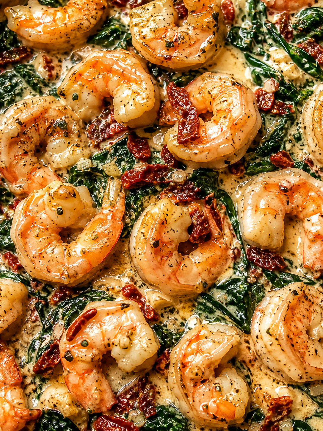 Creamy Tuscan garlic butter shrimp seen from above