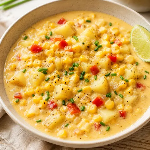 Creamy vegan corn chowder with chives, potatoes, corn, and lime