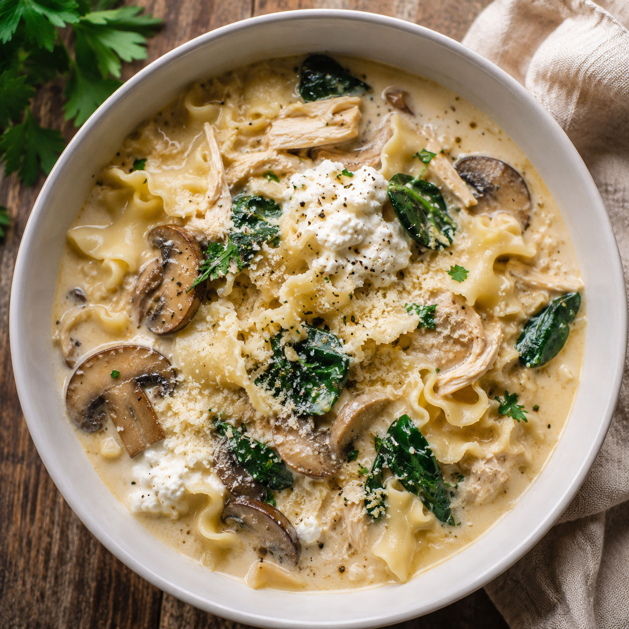 Creamy white lasagna soup with chicken, spinach, ricotta, and noodles