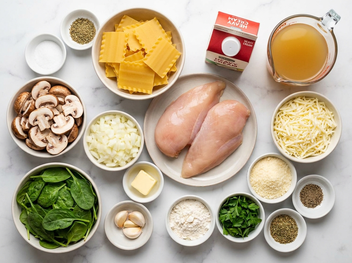 Ingredients for creamy white lasagna soup with chicken, pasta, spinach, and cheese