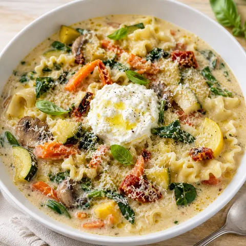 Creamy white lasagna soup with vegetables, ricotta, basil, and Parmesan